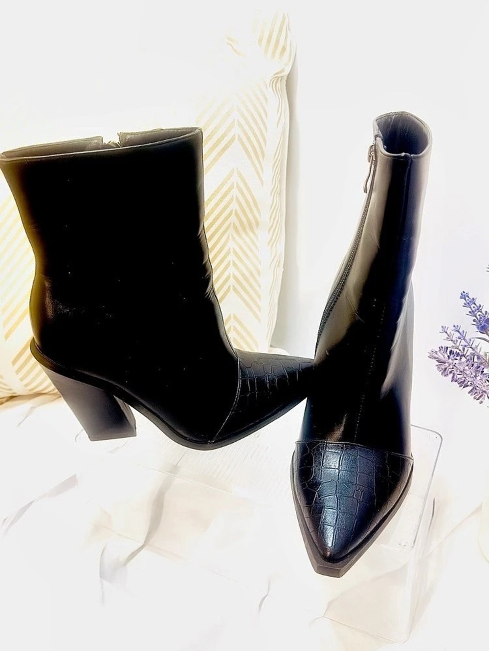 RAID London Black Croc-Embossed Pointed Toe High Block Heel Ankle Boots | UK 4 /